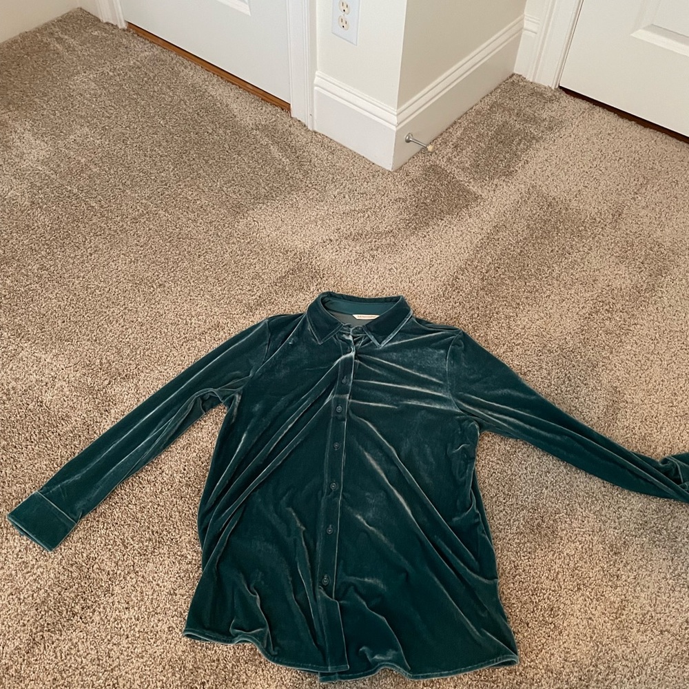 Velvet Button-Up Boyfriend Shirt in Green